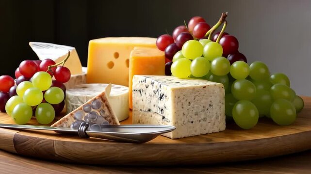 Delicious cheese plate with blue cheese, brie and swiss cheese with red and green grapes on wooden board, close-up shot.
