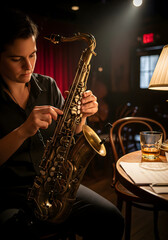 Obraz premium A focused young adult female musician with dark hair adjusts her saxophone in a dimly lit, cozy jazz club setting, with a drink and sheet music nearby