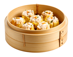 Steamed dim sum dumplings arranged within a bamboo steamer isolated on transparent background.