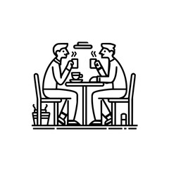Two people sitting at a table drinking coffee and having a conversation in a cafe or restaurant setting