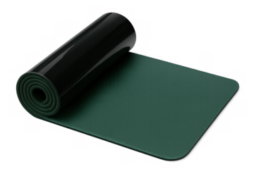 Green yoga mat partially rolled up, isolated on transparent background, ready for yoga or fitness exercises