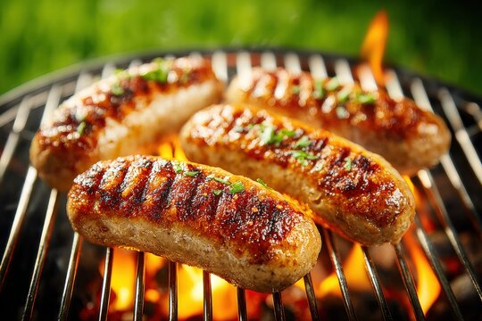 Juicy sausages grilling on a barbecue with burning coals and a blurred green grass background, creating a delicious summer scene