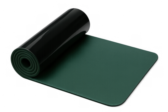 Green yoga mat partially rolled up, isolated on transparent background, ready for yoga or fitness exercises
