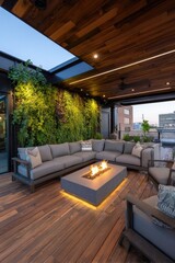 Rooftop lounge with fire pit and green wall