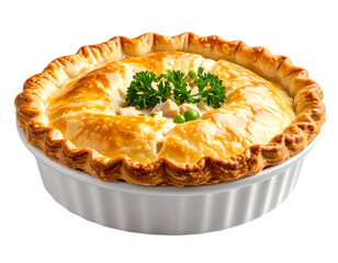 A golden-brown chicken pot pie in a white dish isolated on transparent background, ready to eat.