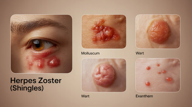 Medical educational image of skin conditions Herpes Zoster Molluscum Wart and Exanthem dermatology shingles