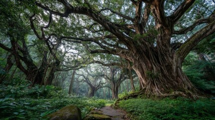 Naklejka premium Ancient Tree in Lush Green Forest