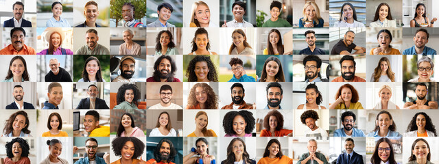 A lively collection showcases diverse individuals with joyful expressions. Different backgrounds and styles blend into a colorful representation of community, happiness, and connection.