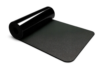 Fototapeta premium Black yoga mat rolled, lying on clean background, representing fitness, wellness, and exercise lifestyle