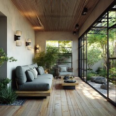 Tranquil, light-filled sunroom with wooden accents