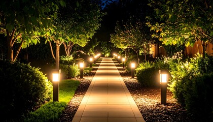 Illuminated garden path at night