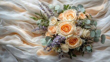 Delicate bridal bouquet of peach and cream roses, lavender, and eucalyptus