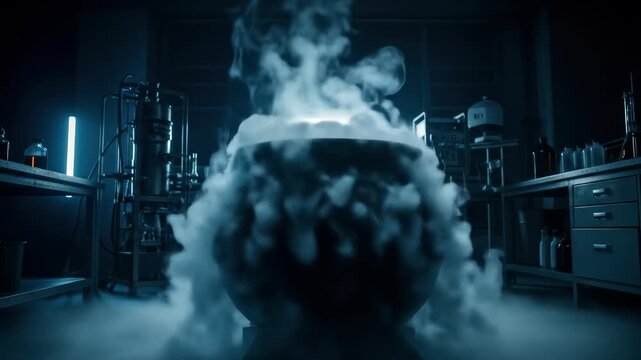 Eerie laboratory scene featuring a bubbling cauldron with smoke, experiment in technology, science, and research.