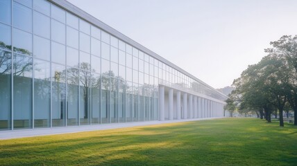 Obraz premium Symmetrical modern building with glass facade reflecting nature's serenity