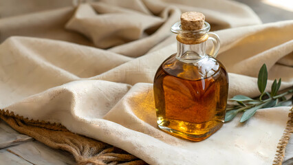 Artisanal olive oil in a clear glass bottle with cork, resting on a soft, textured linen cloth,...
