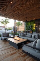 Outdoor patio with fire pit, seating, and wooden ceiling