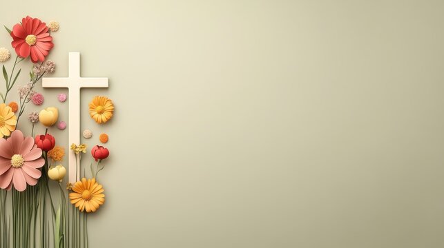 Minimalist cross and flowers Easter background. Cross with floral artwork and petals. Easter faith, religion, hope, spirituality, spring, Christian concept, pastel background, creative design,