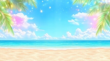 Fototapeta premium Tropical paradise beach landscape illustration sky. Nature paradise with ocean, sand, palm, clouds, and blue sky. Summer vacation concept, dreamy and bright background, perfect for relaxation,