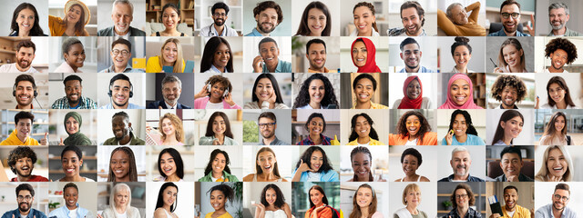 This vibrant collage showcases a diverse group of individuals smiling and expressing happiness. Featuring multiracial faces, the collection highlights joy, togetherness, and the beauty of diversity.