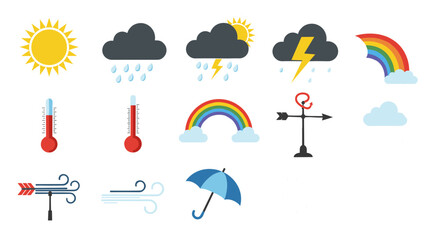 Collection of weather icons including sun clouds rain lightning rainbow thermometer wind and umbrella icons