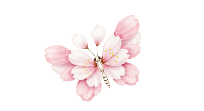 Illustration of a butterfly with white and pink wings that look like cherry blossom petals