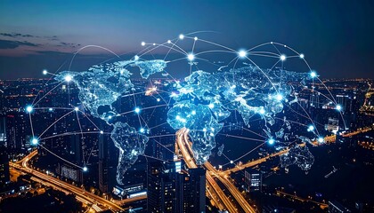 Global network overlaid on cityscape at night