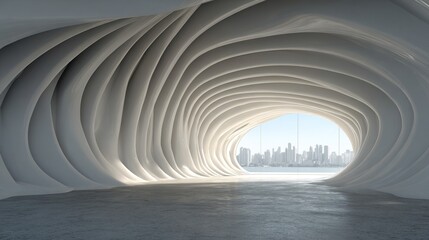 Naklejka premium 3d render of white futuristic architecture, abstract wavy structure with empty concrete floor. High quality