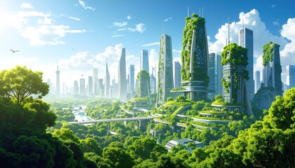 Fototapeta premium A vibrant cityscape featuring a harmonious blend of lush green trees and modern buildings, showcasing urban life intertwined with nature's beauty.
