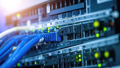 A detailed close-up shot showcasing multiple colorful Ethernet cables intricately connected to sleek, modern servers, highlighting their ports and connections.