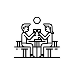 Naklejka premium Couple toasting with wine glasses at a table outdoors under a circle in a line art style design