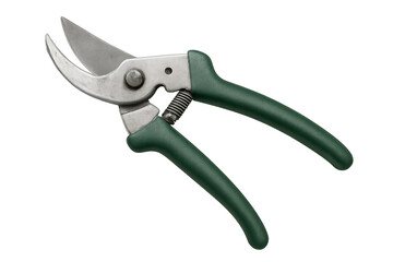 Green-handled metal secateurs gleaming, positioned for precise pruning and garden trimming against transparent backdrop
