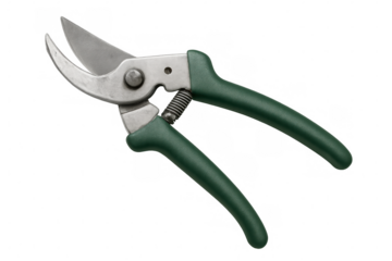 Green-handled metal secateurs gleaming, positioned for precise pruning and garden trimming against transparent backdrop