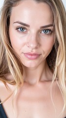 Fototapeta premium A woman with long, flowing blonde hair and striking blue eyes, wearing a light summer dress, stands in a sunlit garden surrounded by vibrant flowers.