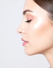 A woman with flowing, long hair cascading down her shoulders, striking pink eyes that sparkle with curiosity, and a warm, inviting smile.