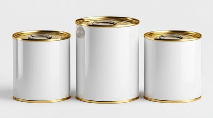 Three blank white tin cans with gold lids, varying in height, stand on a light gray background