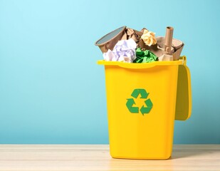 A bright yellow trash can overflowing with assorted garbage, including crumpled papers, food wrappers, and empty plastic bottles, set against a neutral background.