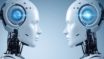 Two sleek, futuristic robots stand facing each other, their heads tilted in unison, showcasing intricate designs and glowing LED accents.