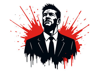 Confident man in suit with dramatic red paint splash in graphic art style, black, white and red tones, power and intensity concept