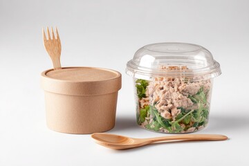 Tuna salad in clear plastic container with lid, beside a brown paper bowl and wooden utensils on a white background