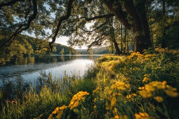 Serene Lakeside Sunset: A tranquil evening by the lake, bathed in the golden light of the setting sun, with lush greenery and vibrant yellow wildflowers adding to the peaceful ambiance.