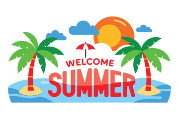 Cartoon Welcome Summer Illustration with Palm Trees, Sun, Clouds, and Ocean Waves