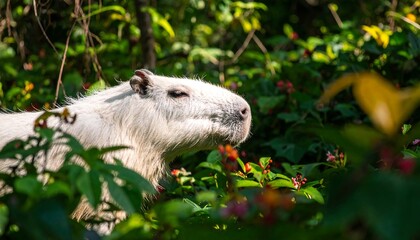 White rodent in lush foliage