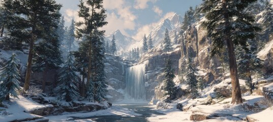 Majestic Winter Waterfall in a Snowy Mountain Valley