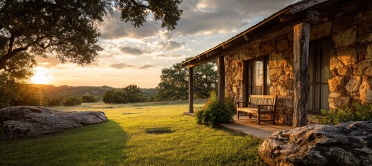 Rustic Stone Cabin Sunset in Texas Hill Country