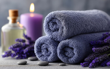 Rolled Purple Towels With Candles Lavender Flowers And Spa Stones In A Serene Setting