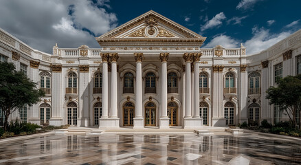 Imposing Neoclassical Government Building With Golden Accents, Columns and Reflective Stone Courtyard