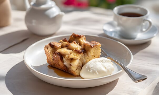 Sliced apple bread pudding served on a plate with mascarpone cream, coffee cup beside