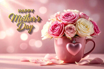 Happy Mother's Day is expressed through a pink ceramic mug filled with fresh roses blooming in shades of soft pink and creamy white, set on a charming bokeh background in pastel pink.