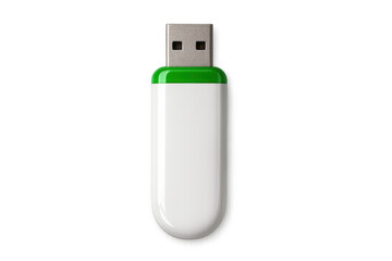Close-up of a white and green usb flash drive isolated on a transparent background, ready for data storage