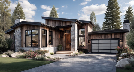 Obraz premium Wood And Stone Modern House Design With Symmetrical Landscaping and Contemporary Architectural Layout